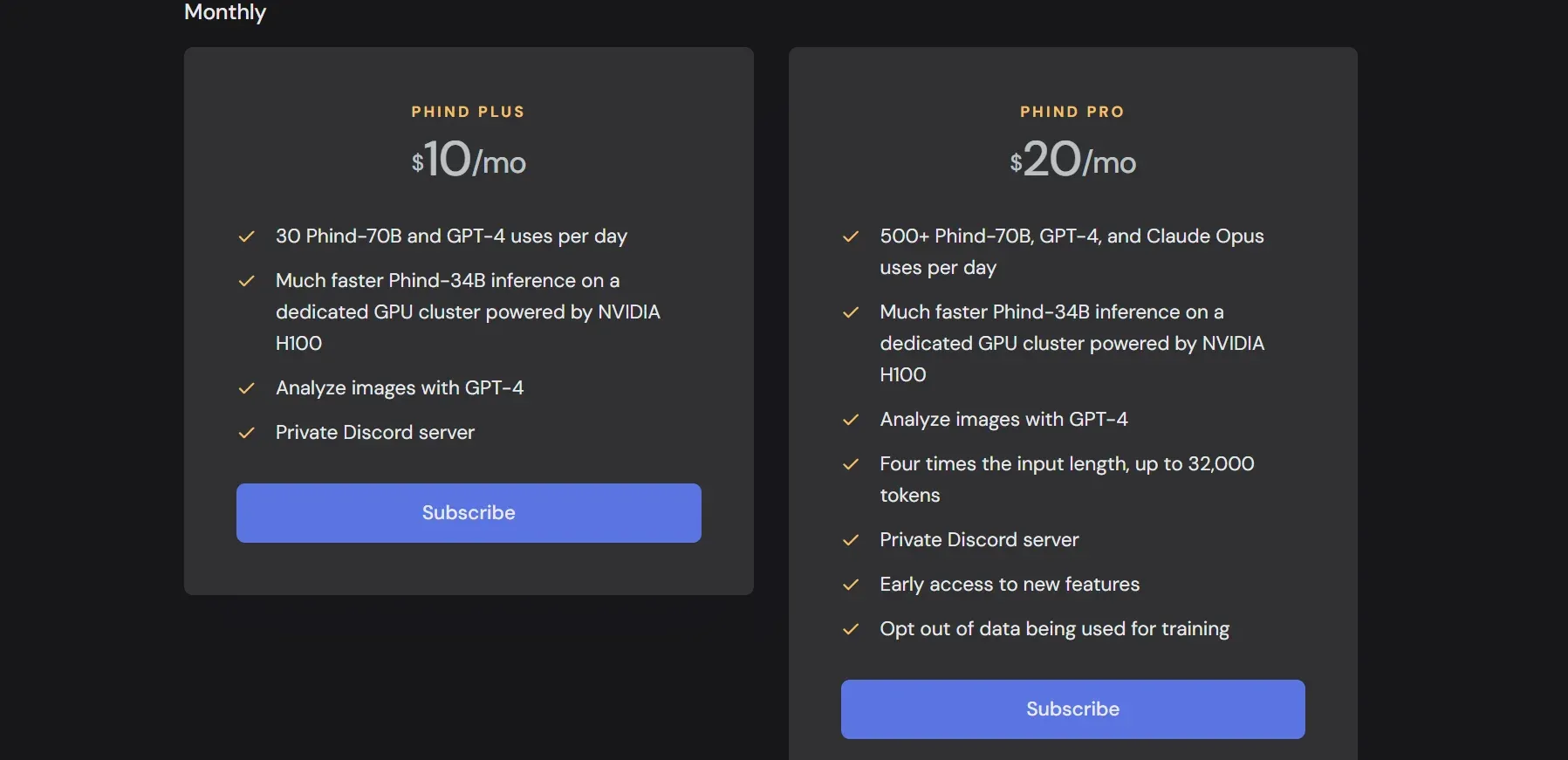 Phind pricing image
